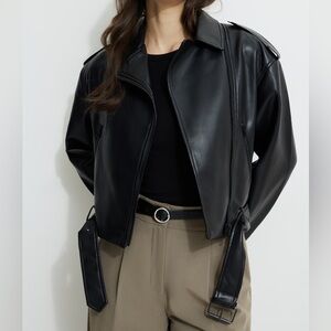Dynamite Belted Black Faux Leather Biker Jacket
